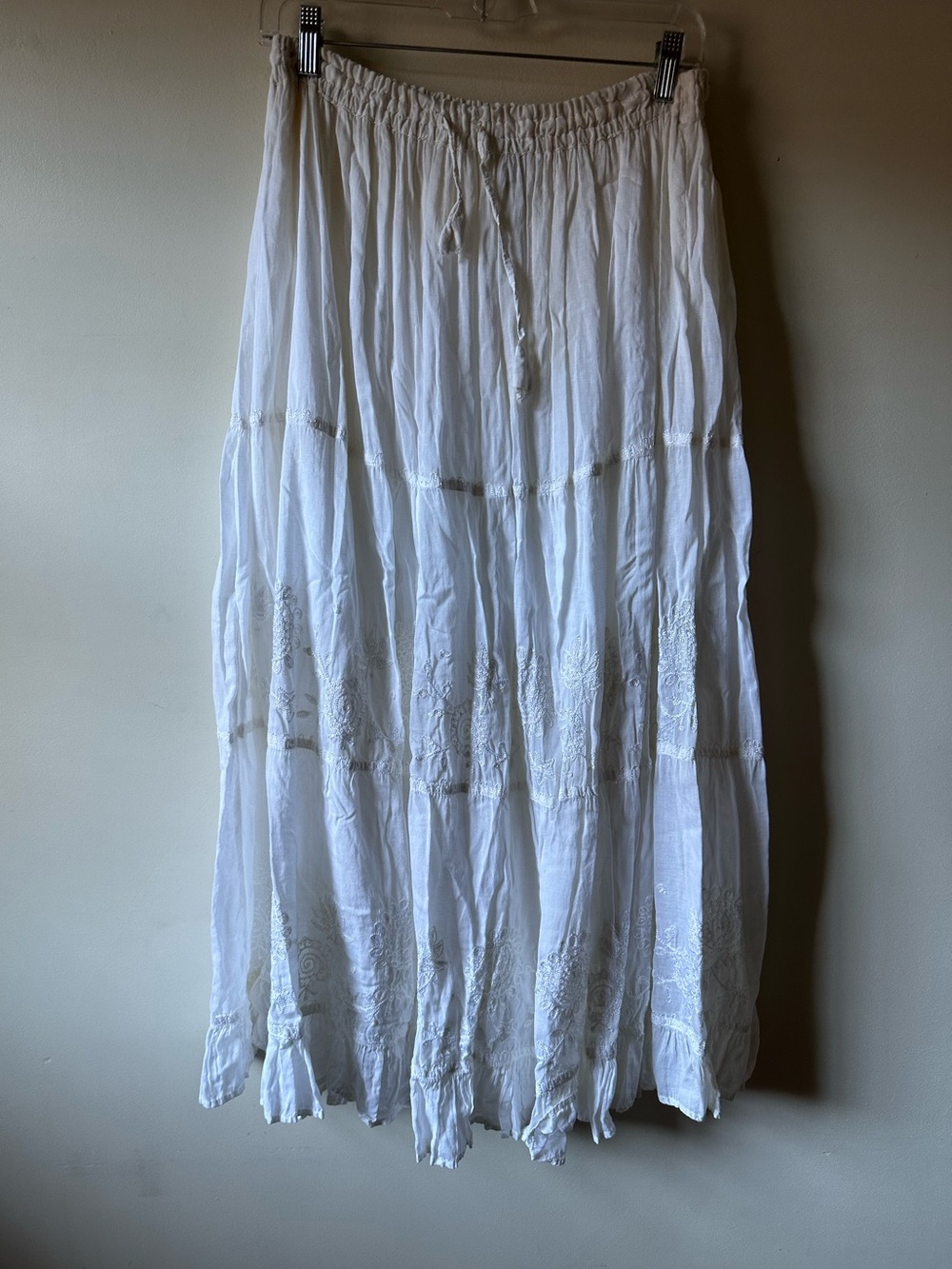 Bohemian Tiered White Maxi Skirt Floral Embroidered Rayon India Pappillon